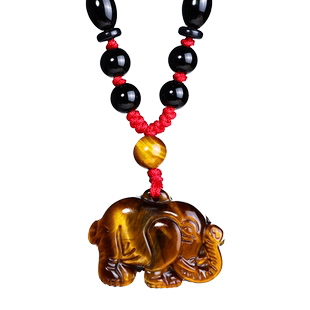 天然黄虎眼石大象吊坠女款挂件项链水晶饰品本命年小象钥匙扣男士