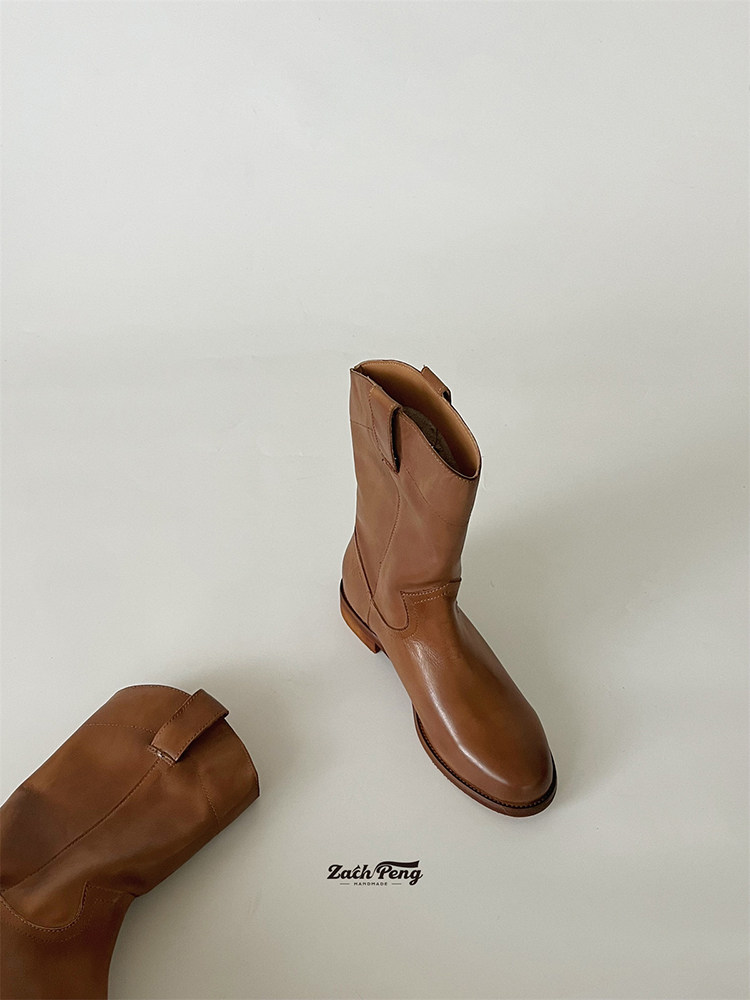ZACHPENG2023 겨울 첼시 부츠 미드 커프 다재다능한 마틴 나이트 부츠  가죽 레트로 웨스턴 카우보이 부츠 롱