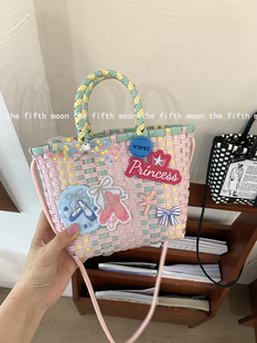 thefifthmoon可爱甜酷风刺绣布标少女心迷你编织篮斜挎手提篮