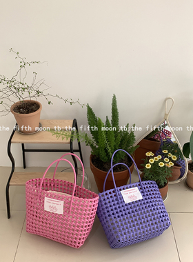 thefifthmoon原创布标春夏敲大镂空彩色手工编织篮度假风篮子
