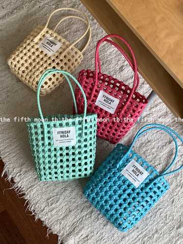 镂空糖果色字母布标编织篮手提
