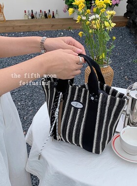thefifthmoon原创花花条纹托特编织包手提包便携包草编包氛围感