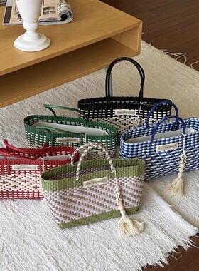 thefifthmoon原创布标网红感格纹拼色大容量编织篮摆拍好看度假