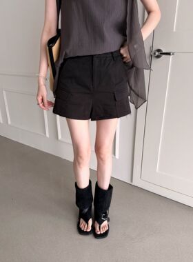 foryou夏季新款韩系小个子工装短裤女修身百搭超火黑色辣妹阔腿裤