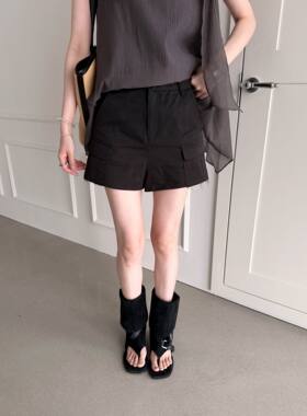 foryou夏季新款韩系小个子工装短裤女修身百搭超火黑色辣妹阔腿裤