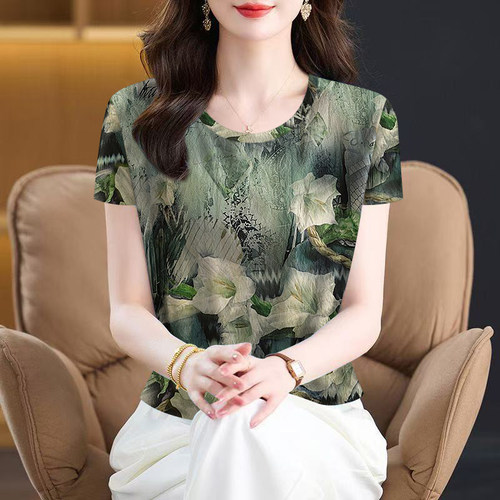 捡漏高档圆领印花女装2025新款夏季减龄短袖遮肚T恤女上衣潮