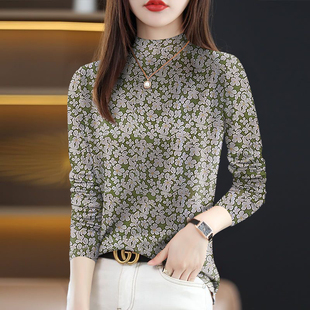半高领气质百搭秋装女领长袖打底衫新款内搭外穿印花遮肚T恤女