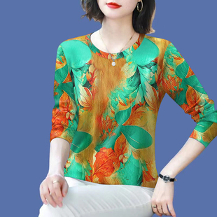 新品长袖2025印花减龄圆领春秋妈妈t恤遮肚显瘦百搭打底衫女潮