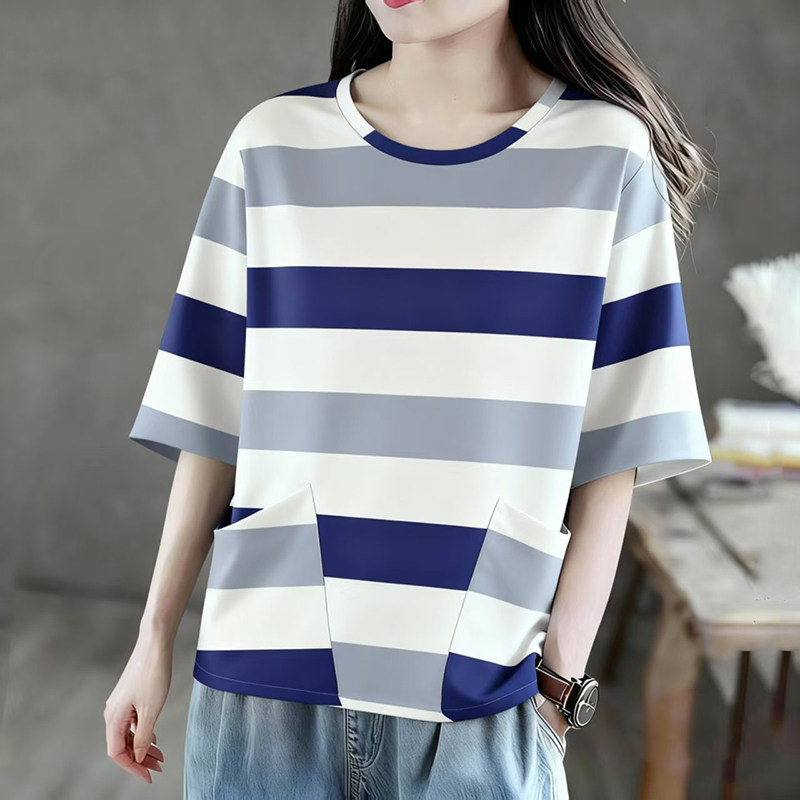条纹圆领短袖口袋t恤衫印花韩版百搭宽松显瘦五分中袖上衣女大码,女装/女士精品,T恤,淘宝优惠券,粉丝福利购,淘宝优惠卷