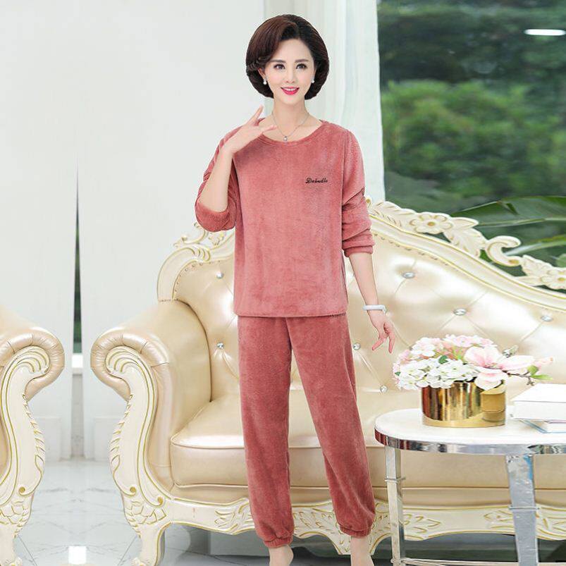 中老年睡衣妈妈冬季家居服女珊瑚绒暖暖套装加绒加厚保暖套装大码