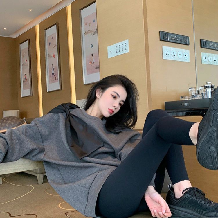 单/套装卫衣女潮ins加绒宽松蝴蝶结上衣黑色弹力紧身打底裤两件套