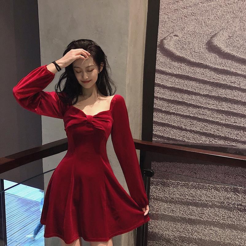韩版复古优雅气质丝绒连衣裙女秋装2022新款修身V领长袖桔梗裙子
