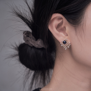 关山月手作 天然淡水黑珍珠镀金编织小香风耳环925纯银针耳钉日系