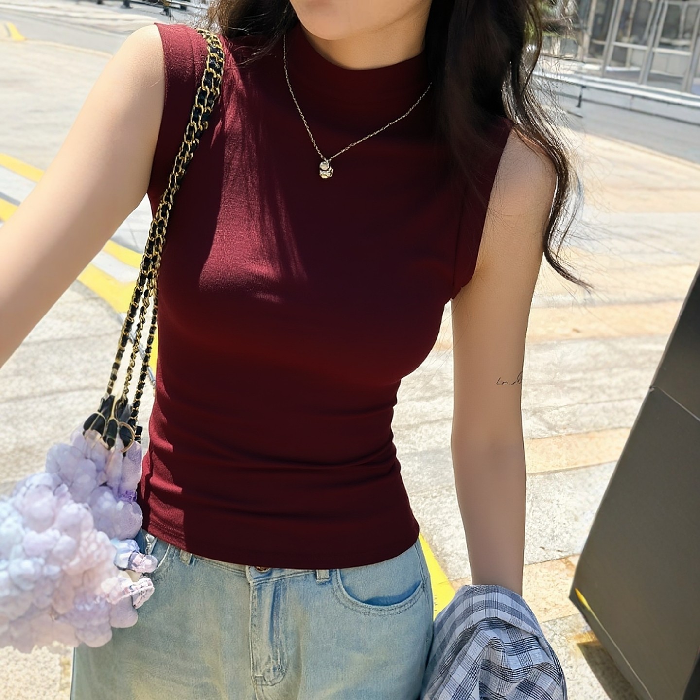 云老板早秋新款穿搭背心半高领红色修身显瘦上衣女内搭无袖T恤