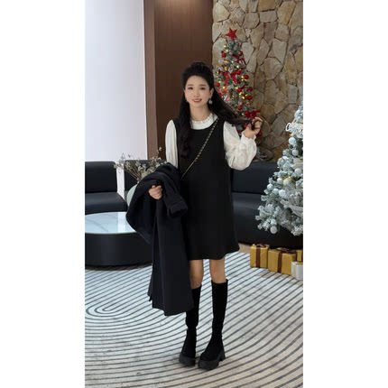 JGCDD6711#法式气质撞色拼接镂空蕾丝假两件连衣裙6711