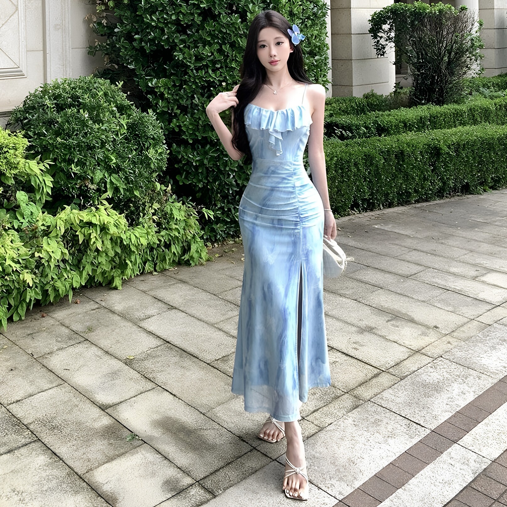 网纱吊带连衣裙女夏季开叉不规则女士无袖印花荷叶边气质鱼尾长裙