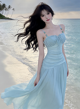 收腰抹胸吊带连衣裙女夏季海边沙滩度假风露背高腰纯欲风气质长裙