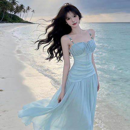 收腰抹胸吊带连衣裙女夏季海边沙滩度假风露背高腰纯欲风气质长裙