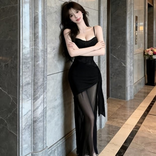 印花裹胸抹胸性感蕾丝吊带连衣裙女网纱高腰夏季女士豹纹包臀长裙