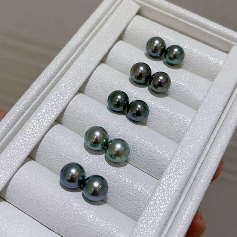 天然海水大溪地珍珠耳钉炫彩黑珍珠孔雀绿耳环耳饰高级正圆强光