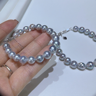时髦精925银日本真多麻海水akoya珍珠手链微巴洛克炫彩银蓝7-8mm