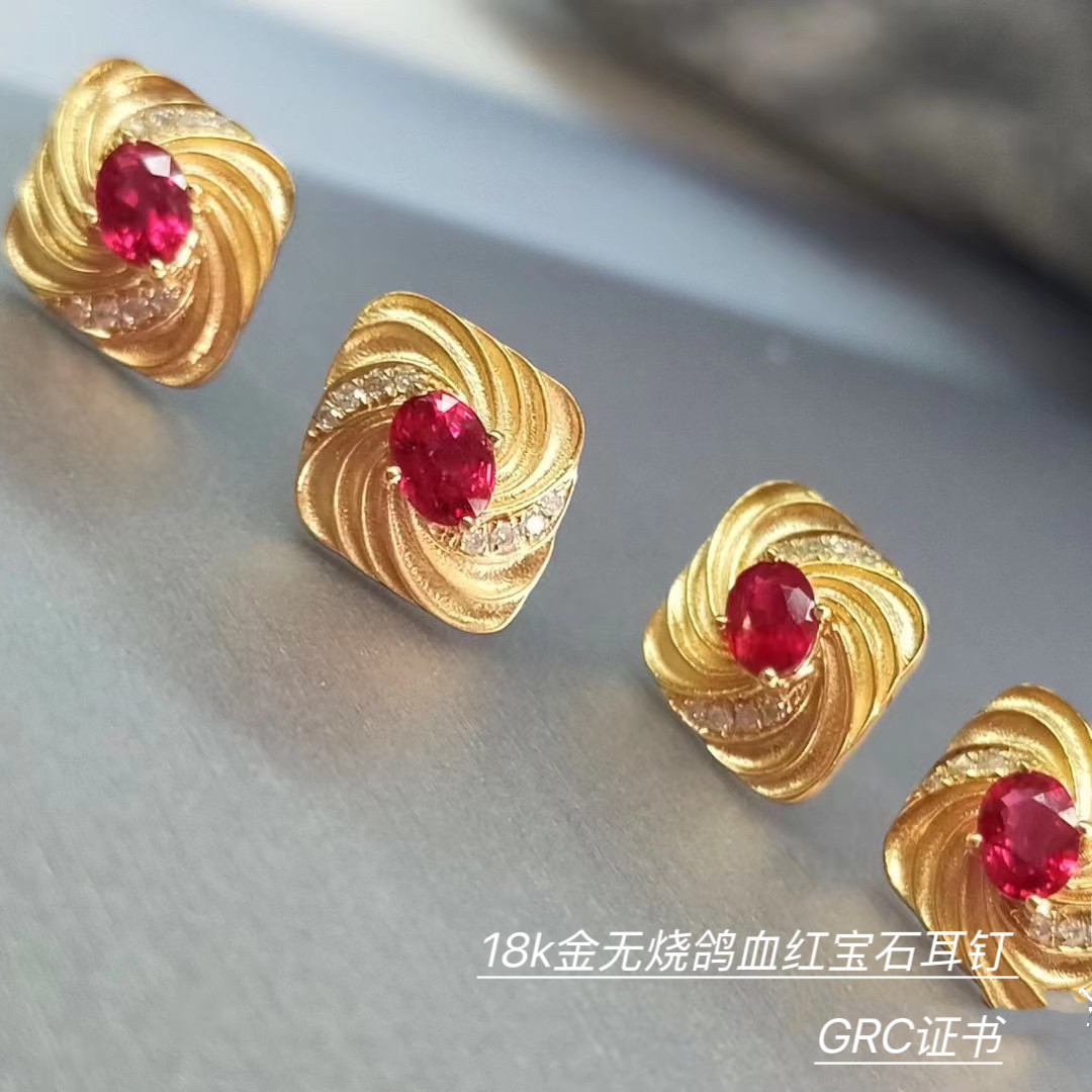 18k金天然鸽血红宝石耳钉女款高级感轻奢小众设计耳环GRC国际大证