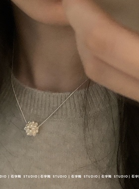 ins风~银珍珠花球项链