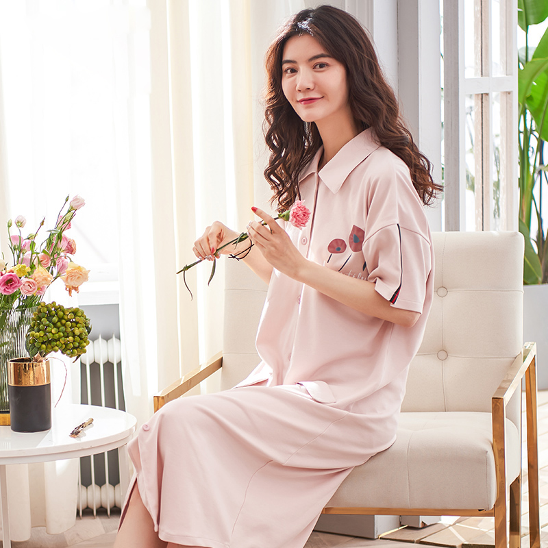 睡裙女夏衬衫式纯棉韩版可爱开衫公主风中袖长款短袖睡衣性感春秋