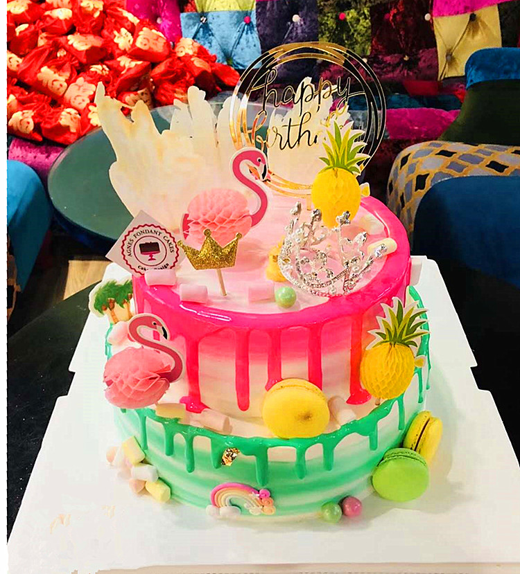 烘焙蛋糕装饰插签 3D立体闪耀璀璨火烈鸟菠萝 蛋糕插牌生日插件