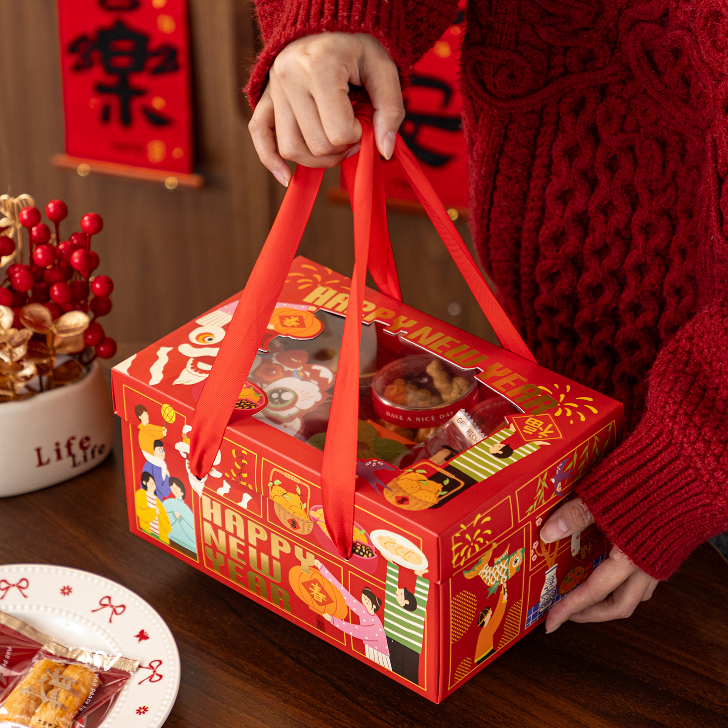 2026新年礼盒包装红色开窗手提盒