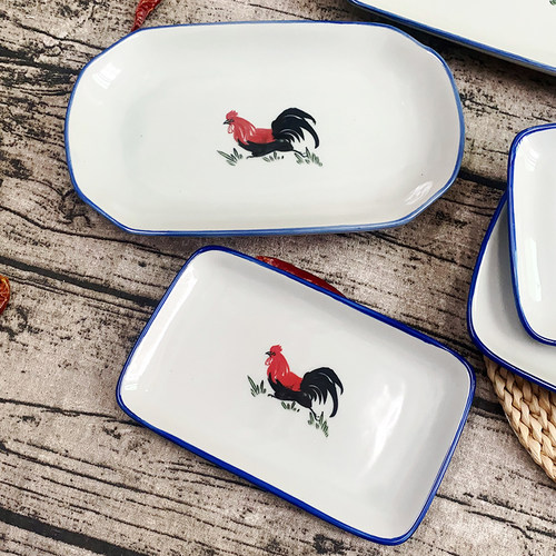 陶瓷公鸡长方盘釉下彩菜盘切角盘
