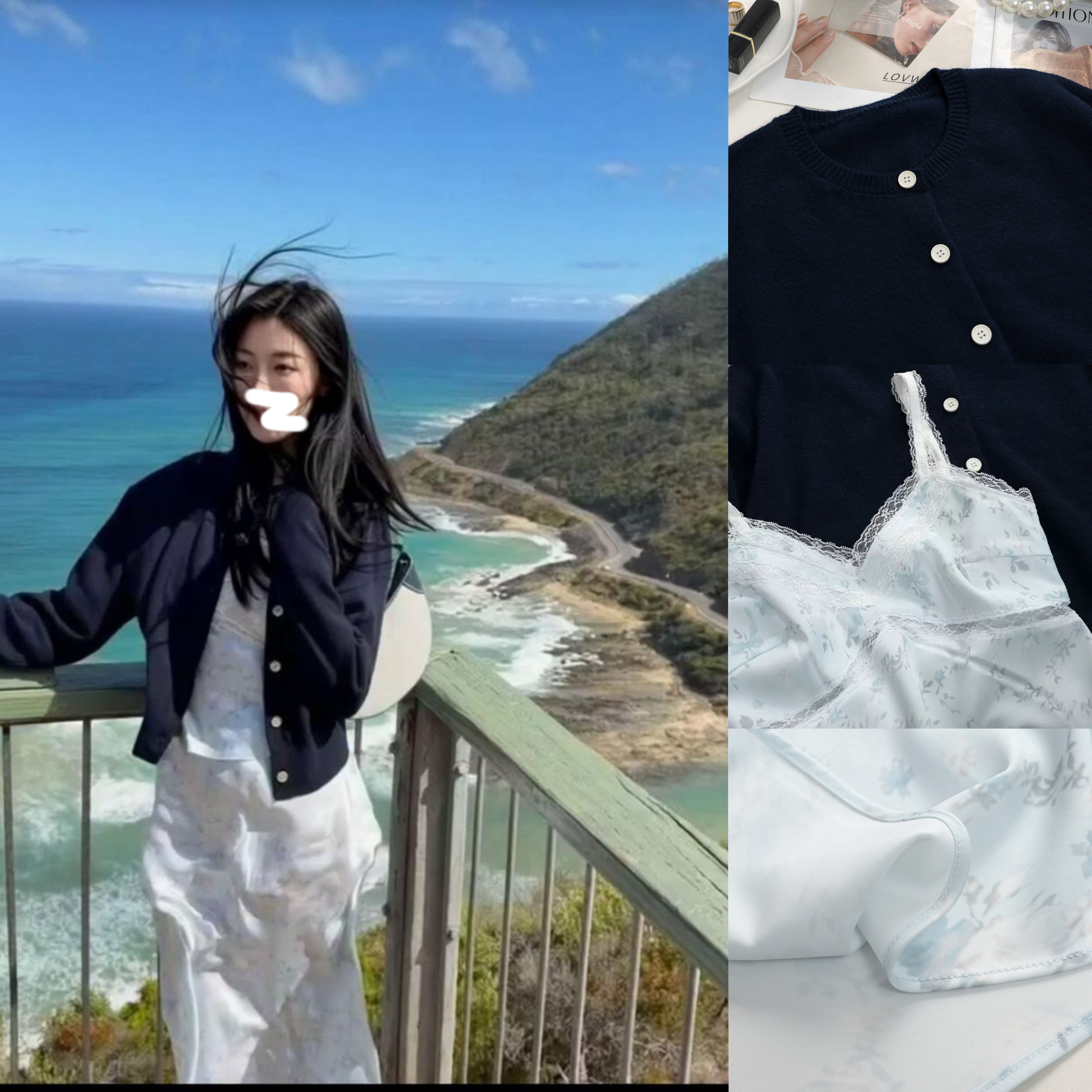 HOCHIN/定制 针织开衫上衣蕾丝边花拼接吊带半身裙气质减龄套装女