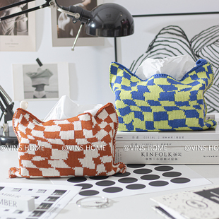 ins风复古棋盘格针织纸巾袋 客厅纸巾包收纳高端餐巾纸餐桌纸巾盒