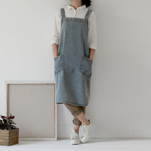 日式 韩国水洗牛仔全棉帆布围裙烘焙厨房餐饮服务员咖啡花店工作服