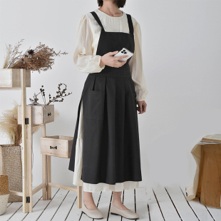 全棉防水韩式 纯色定制加长围裙厨房棉麻美甲甜品店工作服花艺师