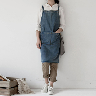 咖啡师全棉加厚牛仔帆布围裙防污家用厨房奶茶店工作男士 围兜围腰