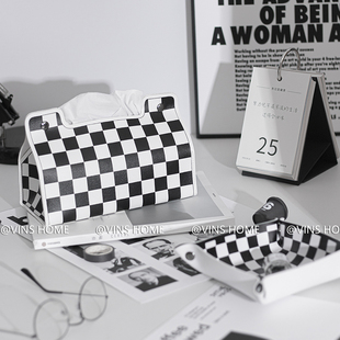 纸巾盒汽车载厕所家用卫生间桌面设计感棋盘格抽客厅轻奢抽纸盒