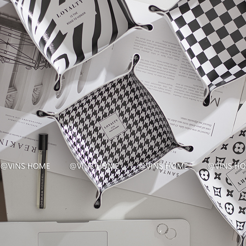 千鸟格钥匙皮革桌面棋盘格收纳盘