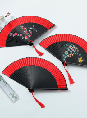 女扇折扇红色中国风古风旗袍走秀女折叠扇舞蹈跳舞折扇易开合梅花