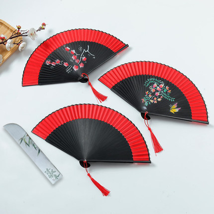 女扇折扇红色中国风古风旗袍走秀女折叠扇舞蹈跳舞折扇易开合梅花