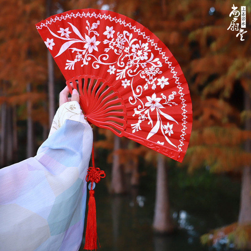 红色舞蹈折扇子好开合甩扇子跳舞舞扇子演出走秀中国风女士折叠扇