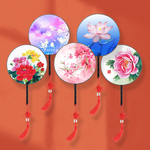 印花绢布双面团扇舞蹈专用大号