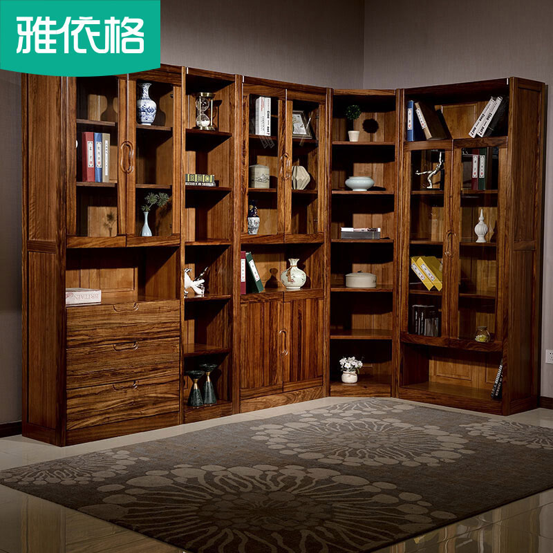 现代中式乌金木全实木书柜带玻璃门书橱简约自由组合书柜书架落地