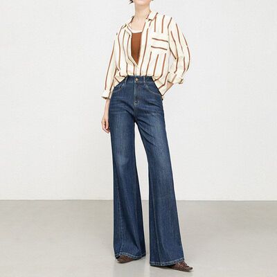如果2026春季四面弹微喇牛仔裤女高腰筒喇裤休闲百搭深蓝色8120