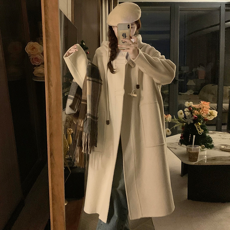 实拍 高级感连帽中长款新款双面羊绒大衣女牛角扣加厚羊毛呢外套