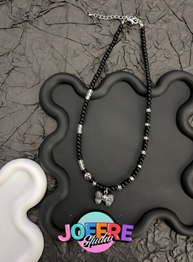 JOFFRE原创甜酷黑色蝴蝶结锁骨链项链不对称设计百搭项链