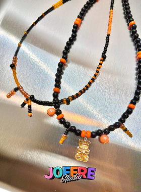 JOFFRE原创万圣主题项链叠戴锁骨链串珠橙黑搭配甜酷风小熊项链