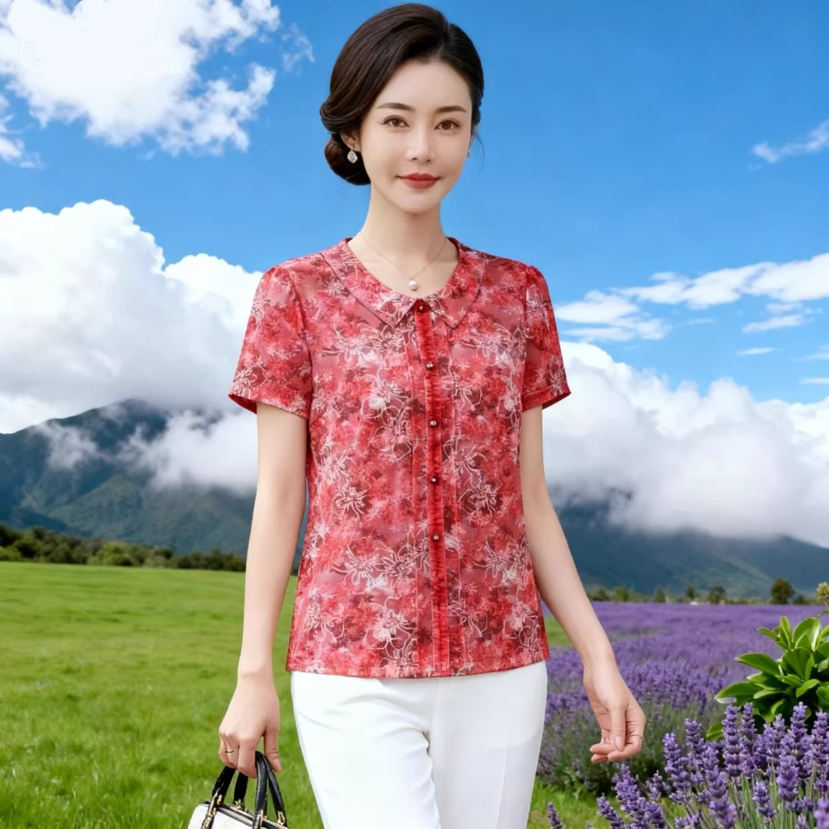 雪琳儿夏季网纱修身中老年T恤