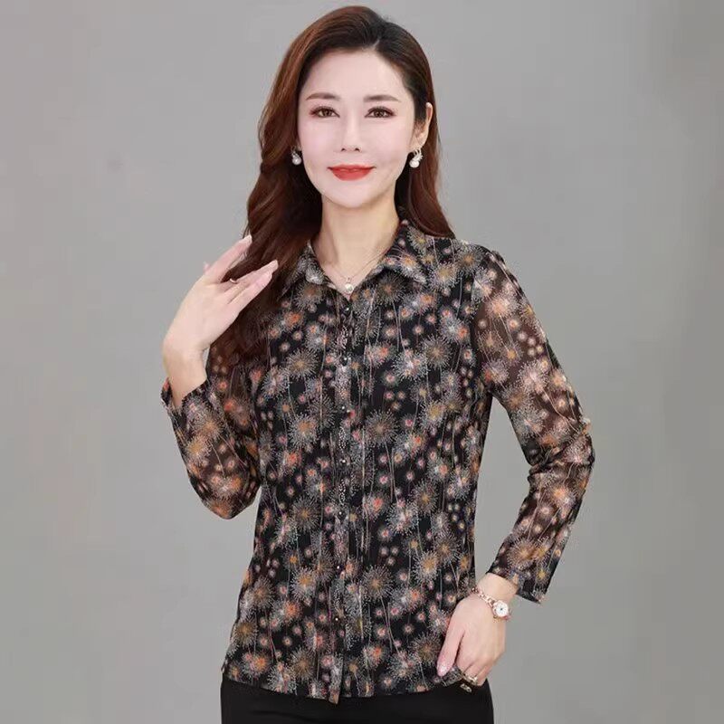 雪琳儿弹力台湾网纱中老年女装春秋季长袖开扣修身衬衫上衣
