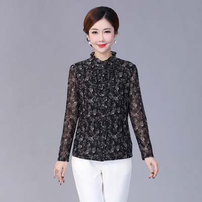 台湾纱中老年长袖修身立领衬衫